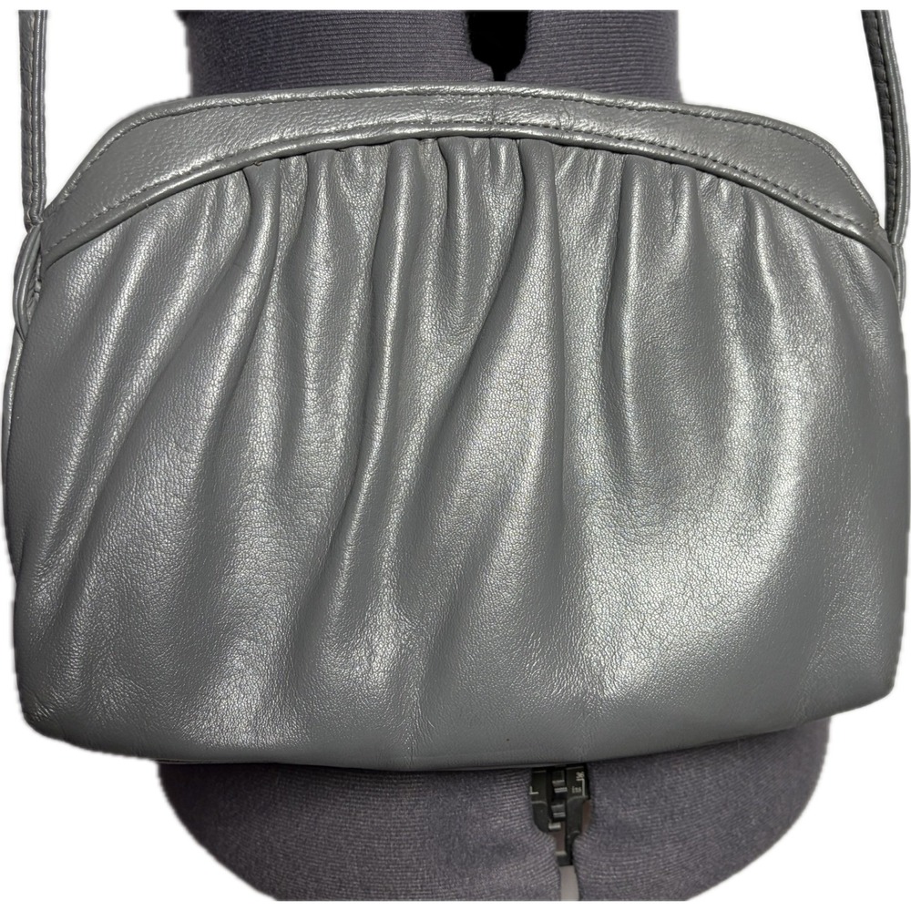 Vtg 80s Gray Crossbody Bag Gold Hand Zipper Pull Gathered Retro Small